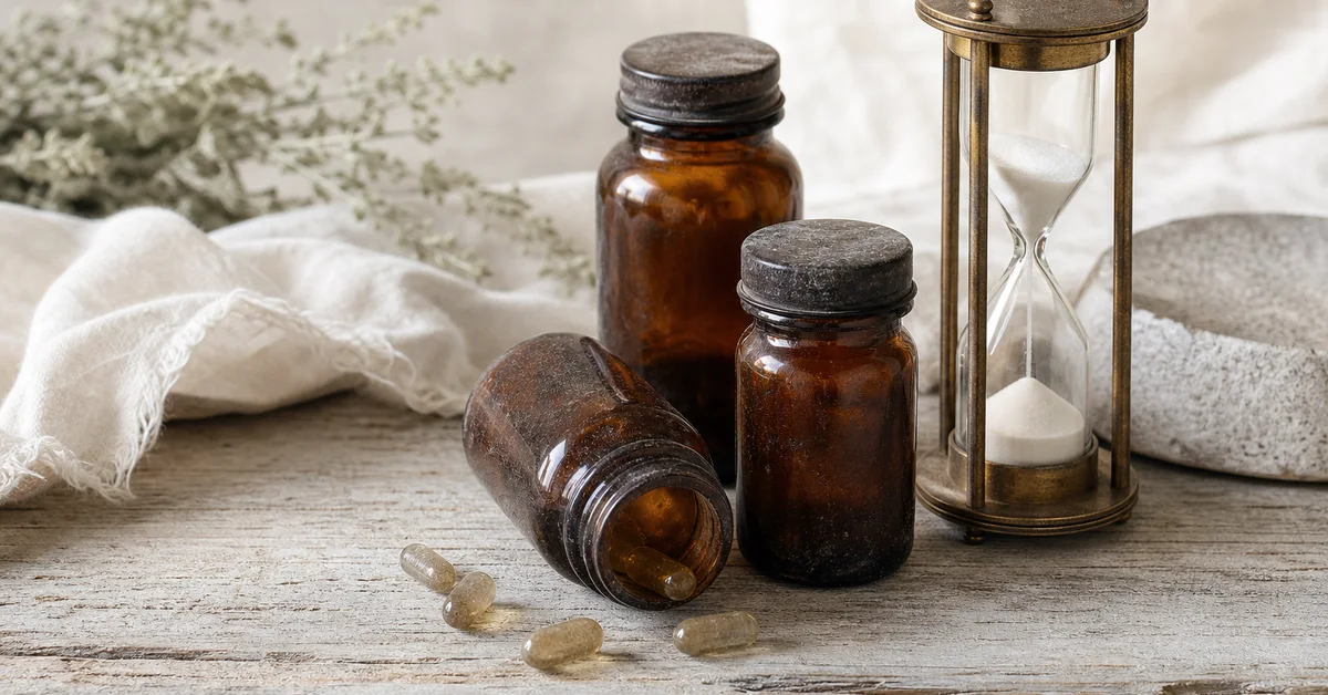 Abgelaufene Vitaminpräparate mit Haltbarkeitsdatum