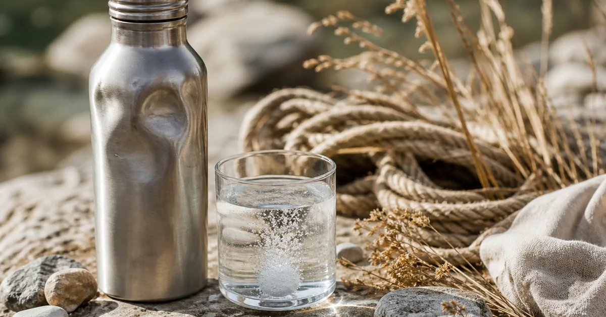 Wanderin trinkt bei Hitze aus der Trinkflasche