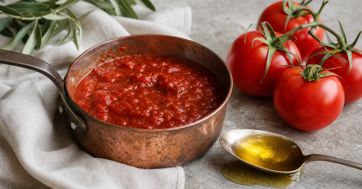 Gekochte Tomatensauce und frische Tomaten